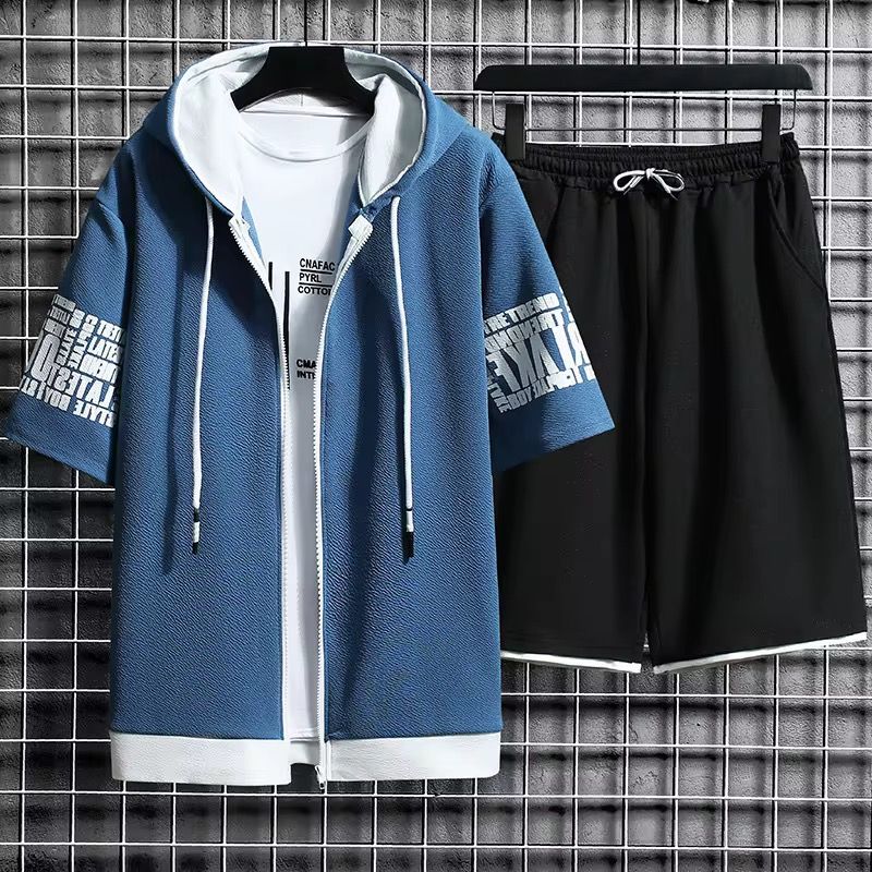 2025 Summer New Hooded Casual Loose Sports Top Shorts Two-piece Set Men's Cardigan Sweatshirt Set_1