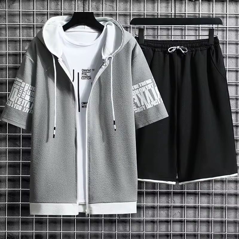 2025 Summer New Hooded Casual Loose Sports Top Shorts Two-piece Set Men's Cardigan Sweatshirt Set_2