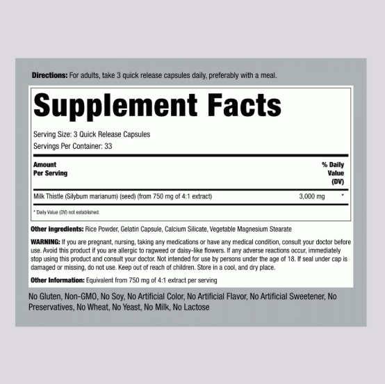 Milk Thistle Seed Extract, 3000 mg (por porción), 100 cápsulas de liberación rápida_3
