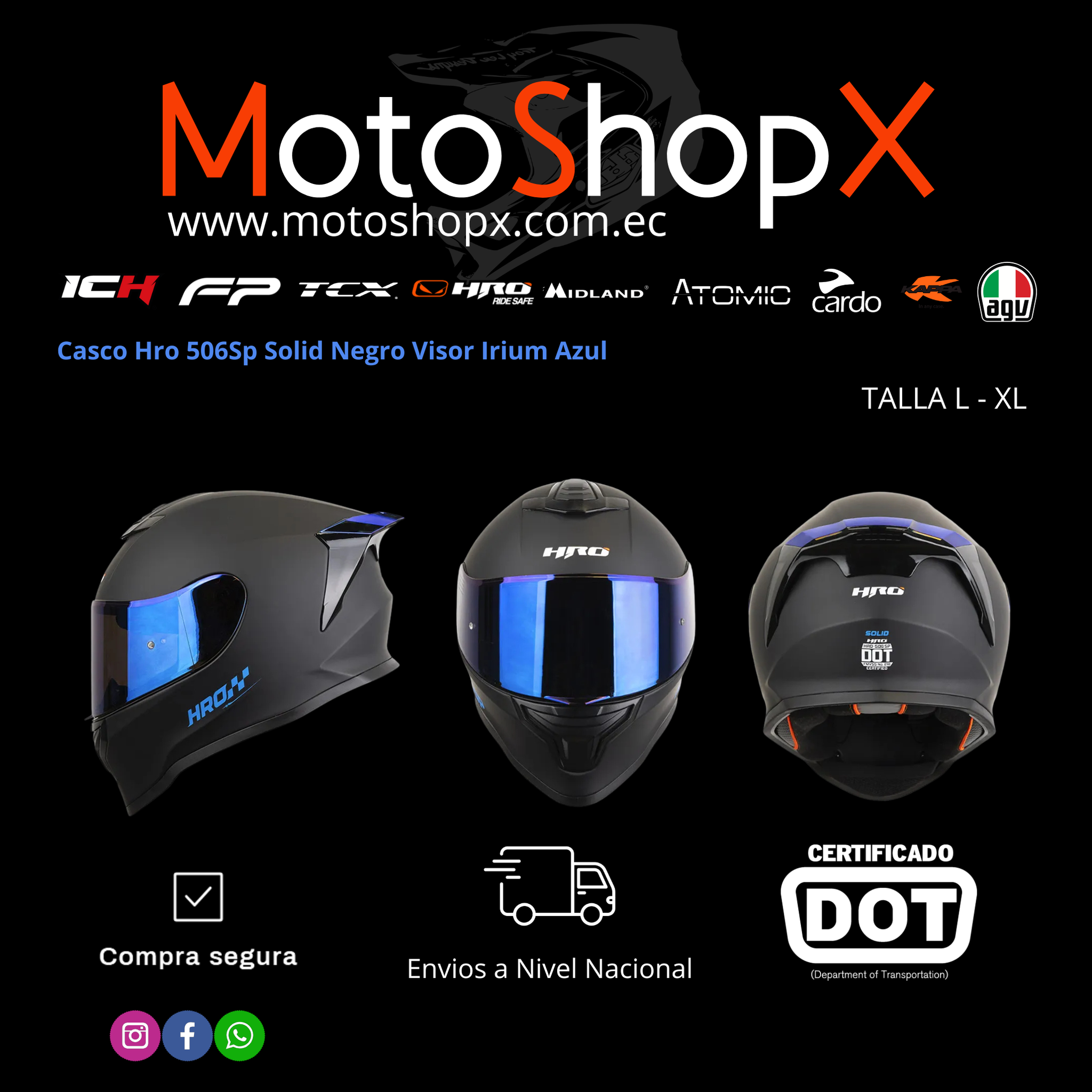 Casco Hro 506Sp Solid Negro Visor Irium Azul_0