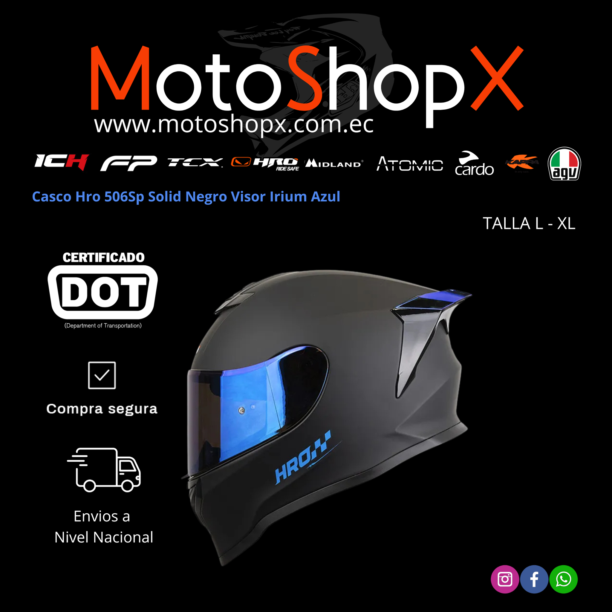 Casco Hro 506Sp Solid Negro Visor Irium Azul_1