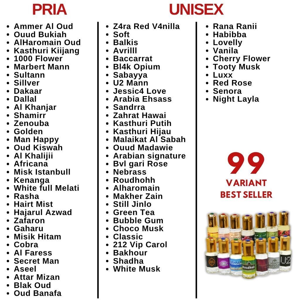 Sulfiah -  Isi 12 Botol Paket Usaha Parfum 6ml Pria & Wanita 100+ Variant Aroma Arabian_3