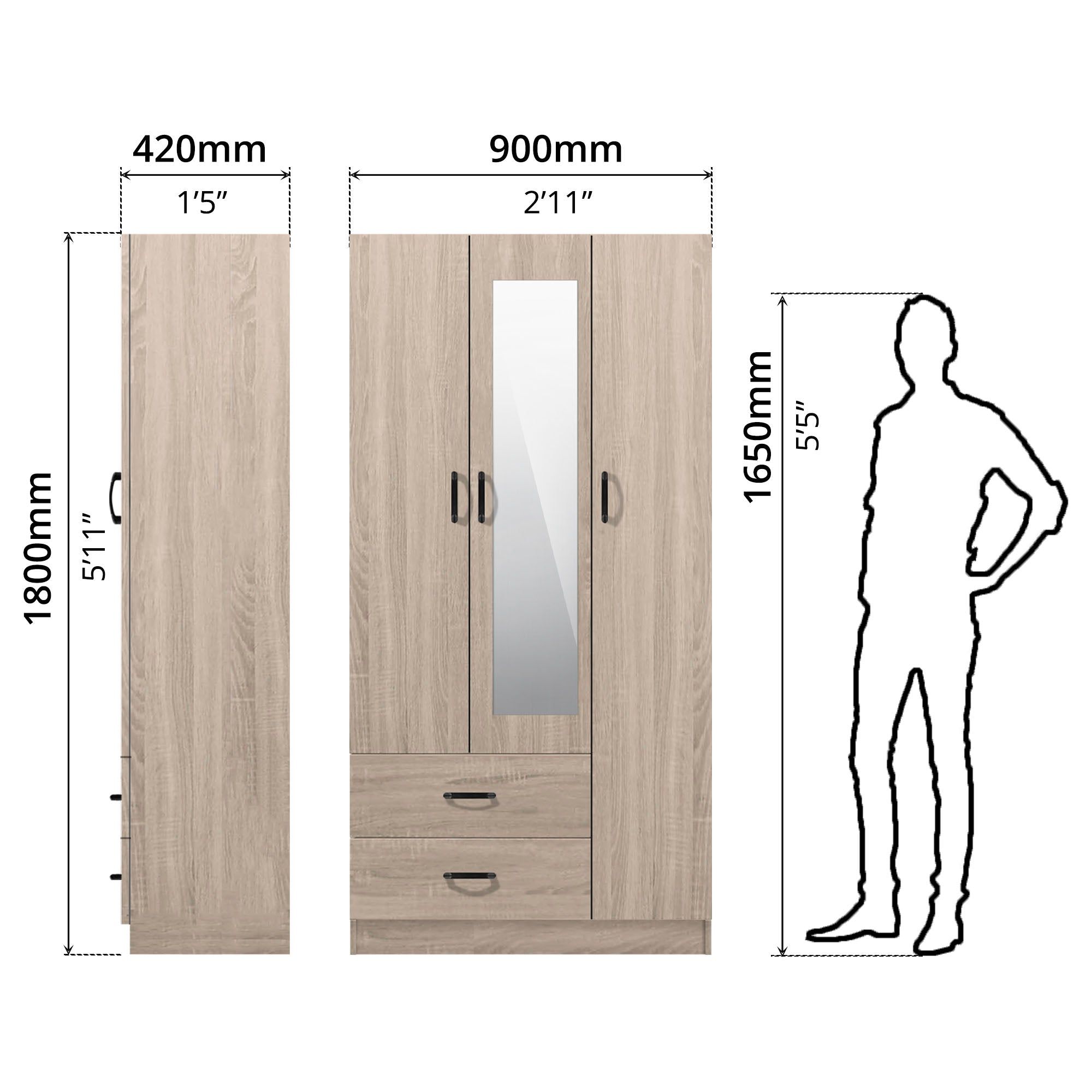 FG 3 DOORS WARDROBE + 2 DRAWERS + MIRROR_8