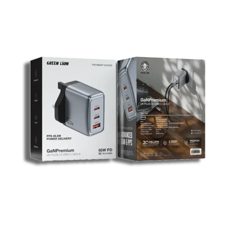 Green Lion GaNPremium UK Plug Wall Charger PD 65W - Gray_0