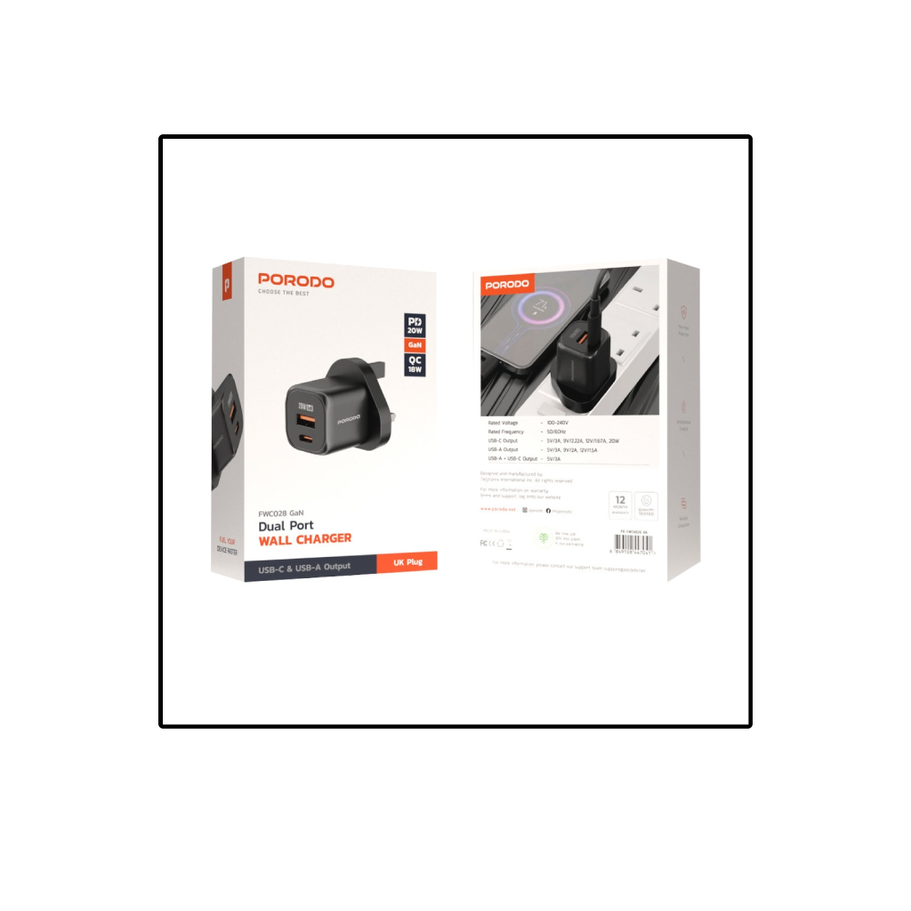 Porodo PD 20W USB QC3.0 UK Fast Charger - Black_0