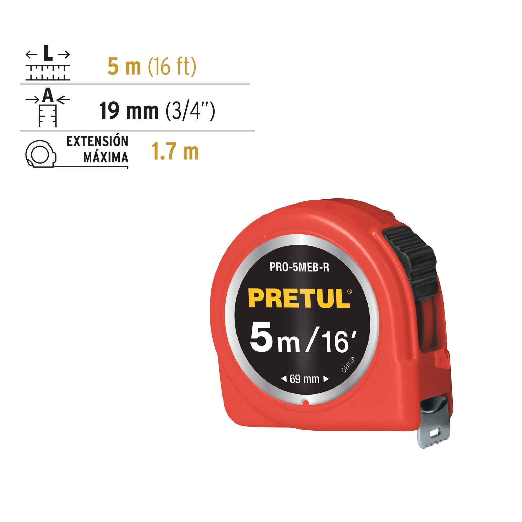 Flexómetro rojo 5 m cinta 19 mm, en tarjeta, PRETUL_2
