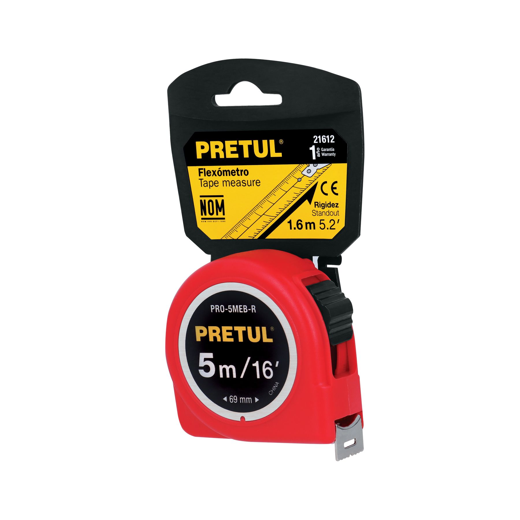 Flexómetro rojo 5 m cinta 19 mm, en tarjeta, PRETUL_0