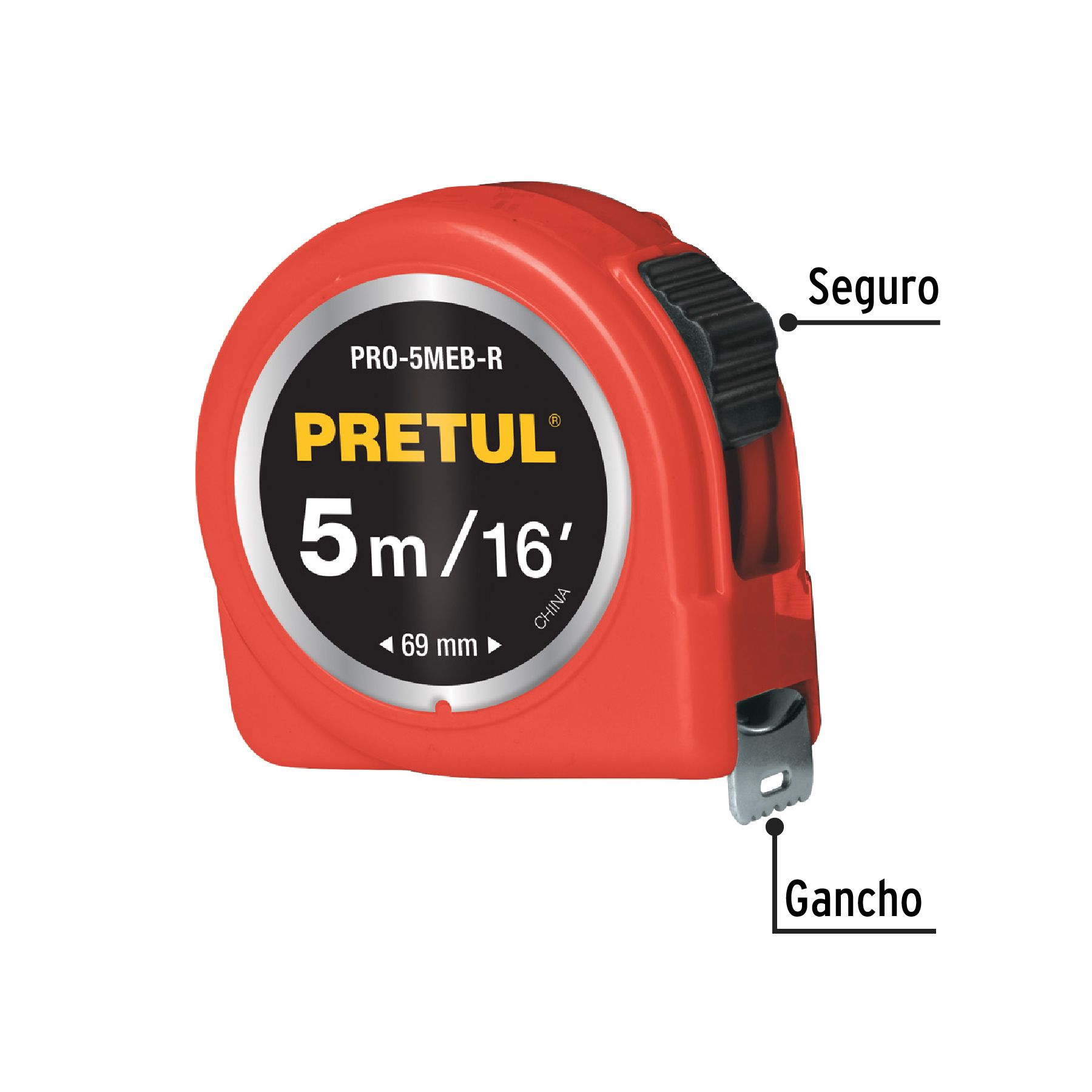 Flexómetro rojo 5 m cinta 19 mm, en tarjeta, PRETUL_3