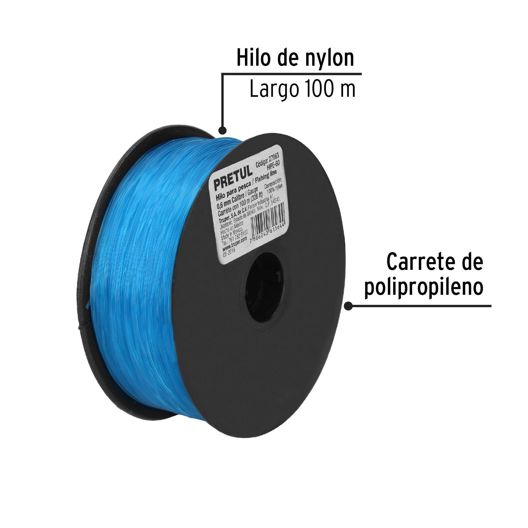 Carrete con 100 m de hilo para pesca azul calibre 0.60 mm_3