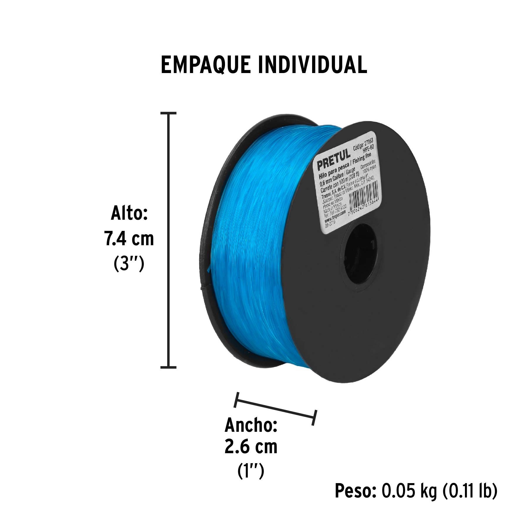 Carrete con 100 m de hilo para pesca azul calibre 0.60 mm_2