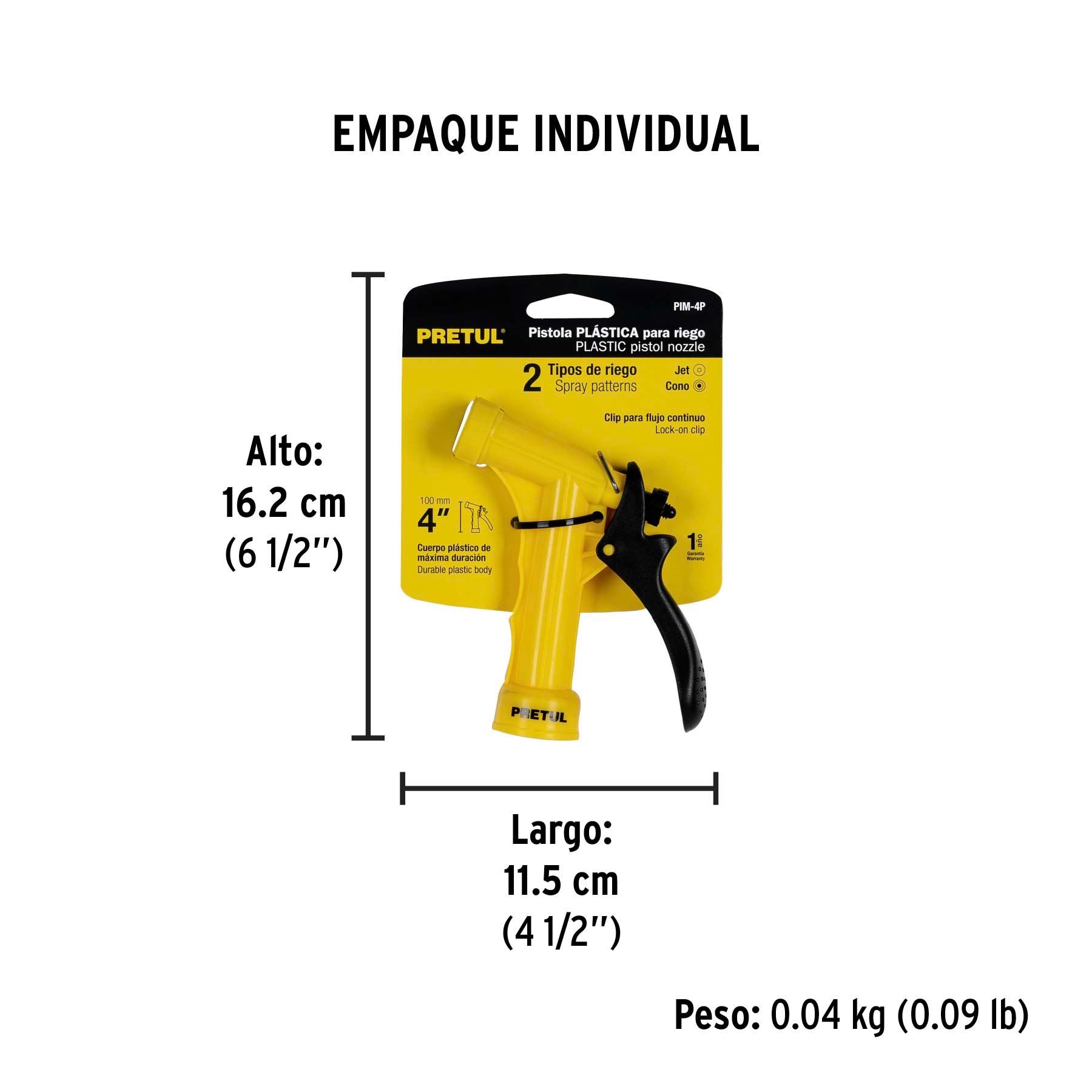 Pistola plástica para riego de 4', 2 funciones, PRETUL_2