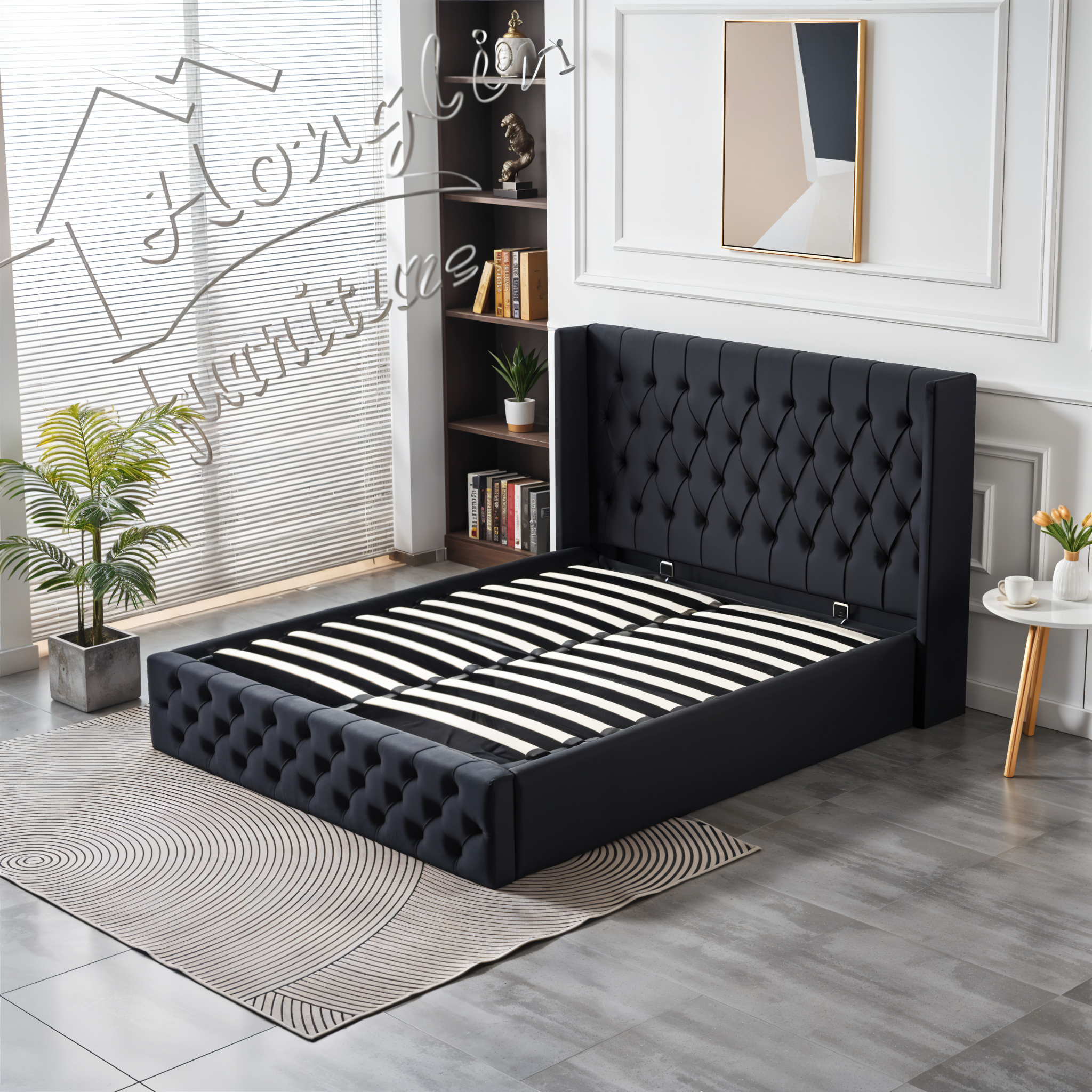 HIGH RISE BLACK VELVET STORAGE BED DOUBLE 4X6.3 FEET_1