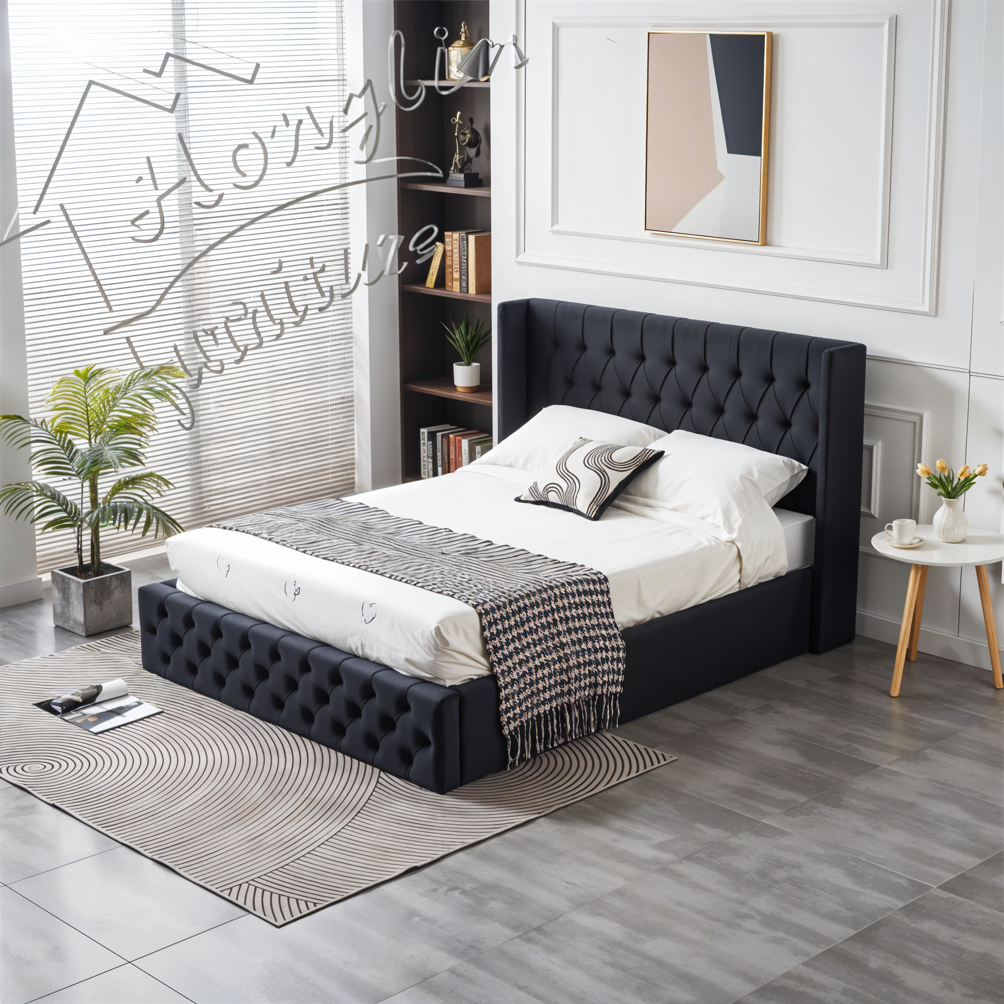 HIGH RISE BLACK VELVET STORAGE BED DOUBLE 4X6.3 FEET_4