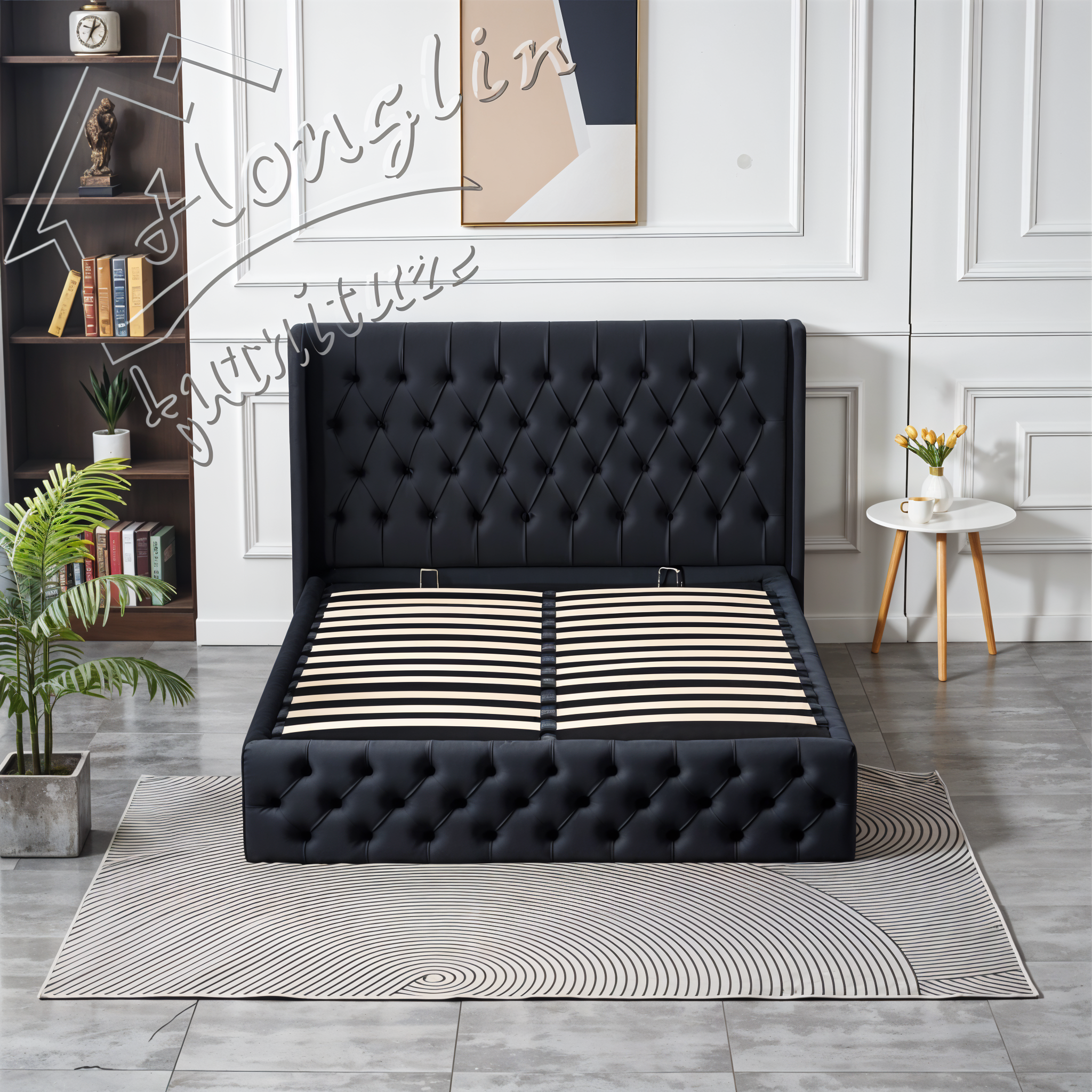 HIGH RISE BLACK VELVET STORAGE BED DOUBLE 4X6.3 FEET_2