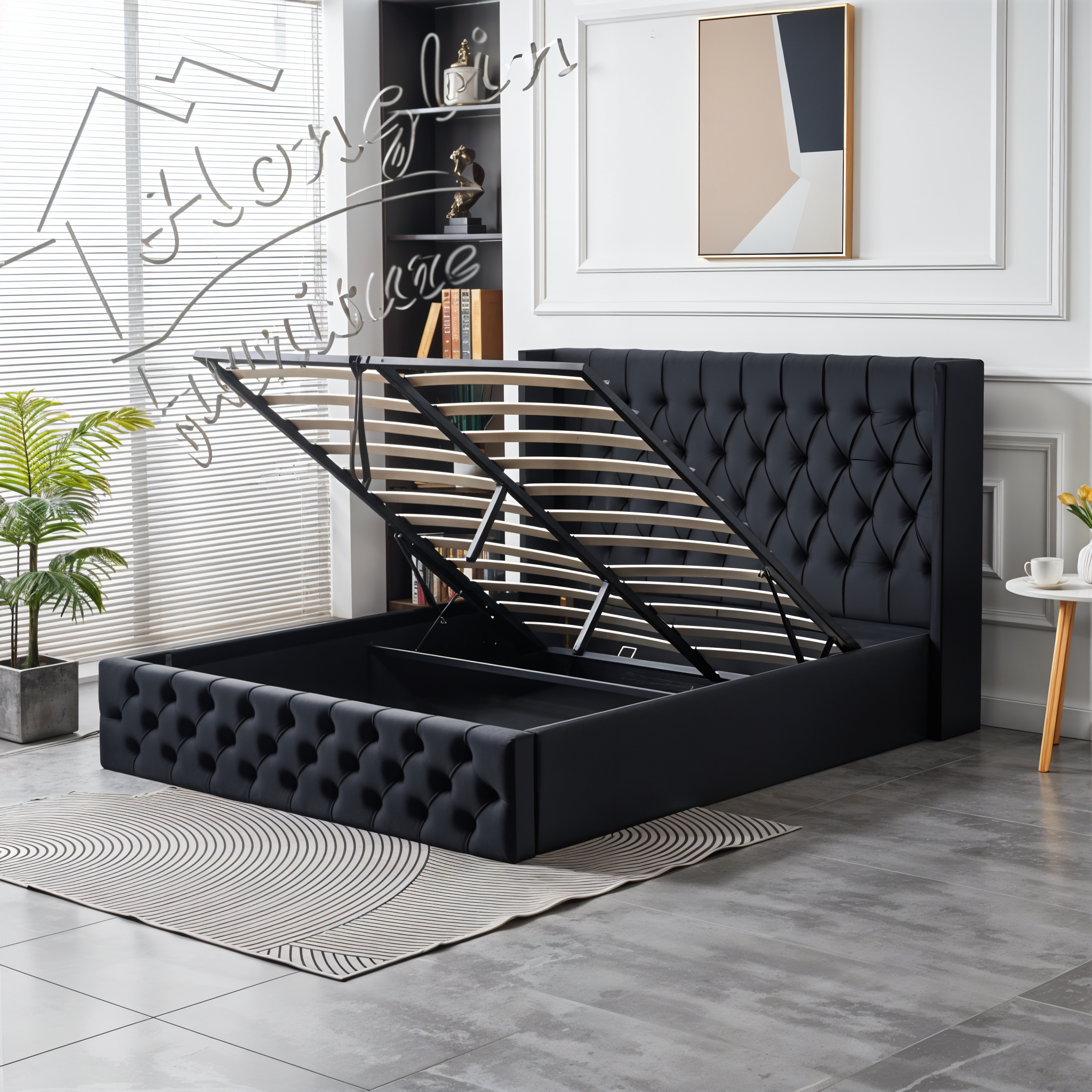 HIGH RISE BLACK VELVET STORAGE BED QUEEN 5X6.3 FEET_5