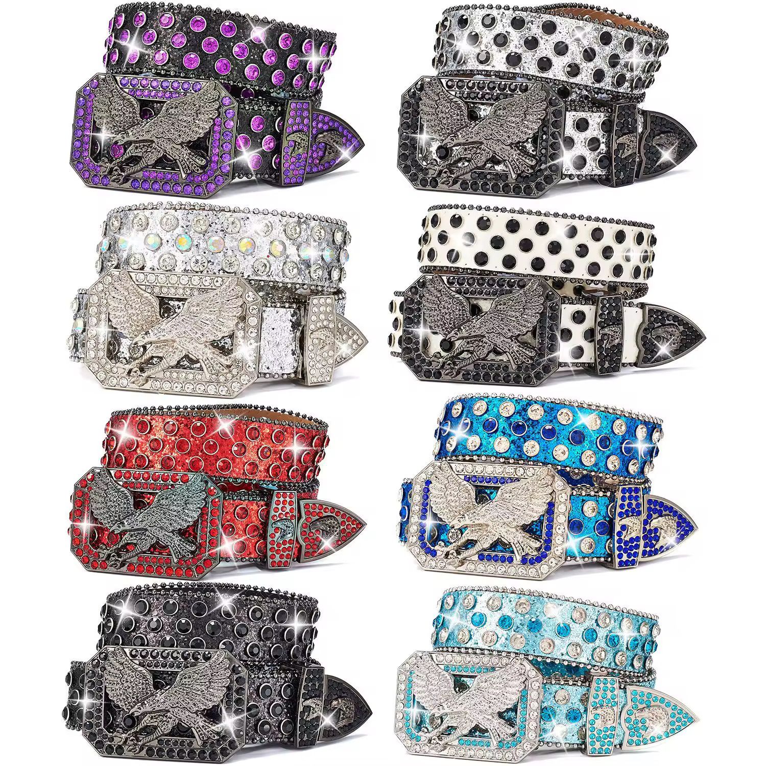 2024 New Retro Metal for Buckle Design Punk Crystal Eagle Belt with Diamond Fashion Cowboy Rhinestone Western Leather Belt_1