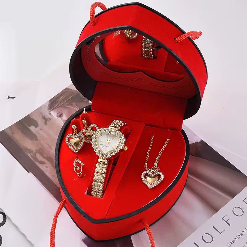 Brand New Luxury Quartz Women's Watch Set with Diamond Inlaid Heart-shaped Gift Box Fashionable Pointer Dialwomen's Watch_1