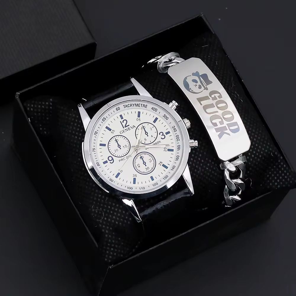 Classic Wrist Watch for Men Leather Strap Fashion Men Quartz Watches and Bracelet Set_0