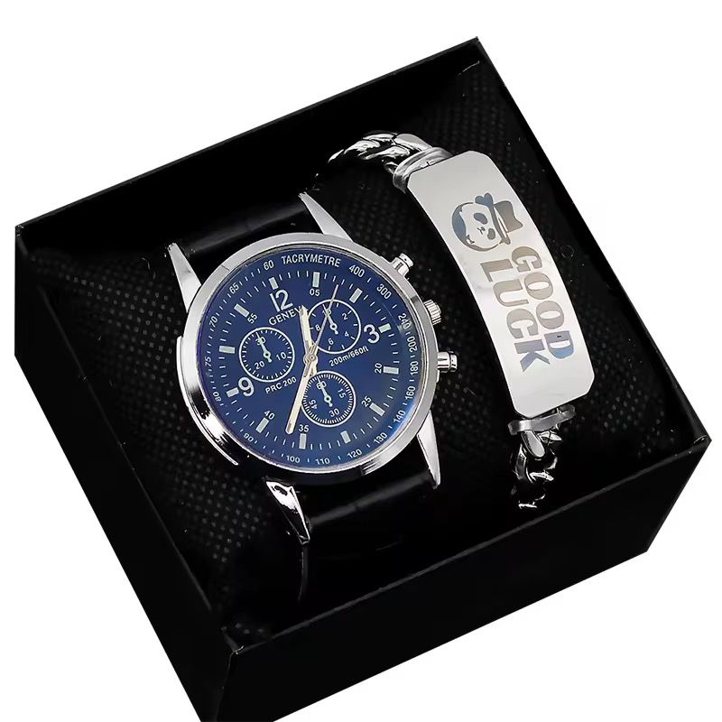 Classic Wrist Watch for Men Leather Strap Fashion Men Quartz Watches and Bracelet Set_4