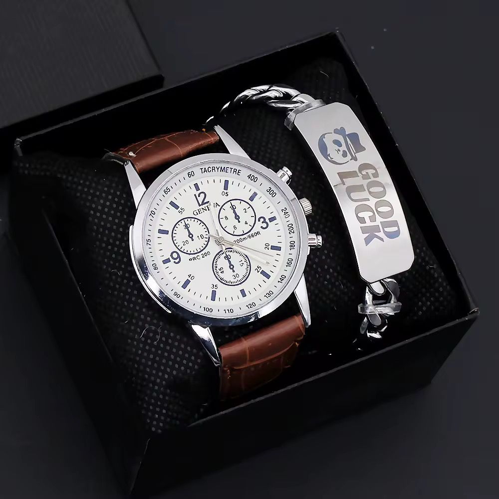 Classic Wrist Watch for Men Leather Strap Fashion Men Quartz Watches and Bracelet Set_3
