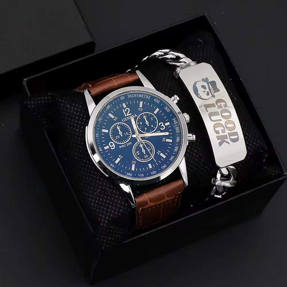 Classic Wrist Watch for Men Leather Strap Fashion Men Quartz Watches and Bracelet Set_1