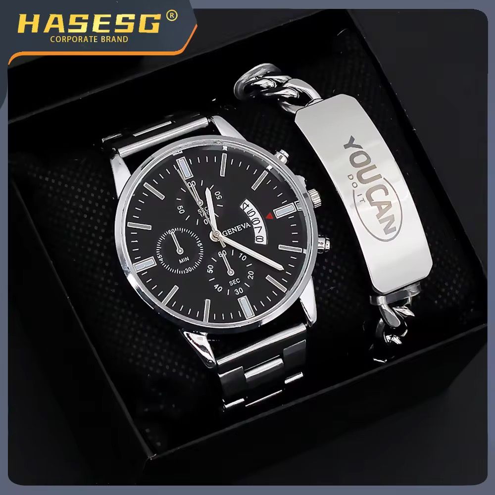 Wrist Watch for Men Simple With Calendar Dial Fashion Men Quartz Watches and Stainless Steel Bracelet Set_1