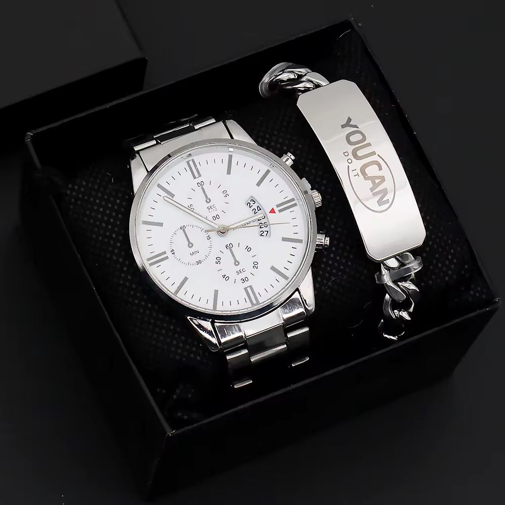 Wrist Watch for Men Simple With Calendar Dial Fashion Men Quartz Watches and Stainless Steel Bracelet Set_2