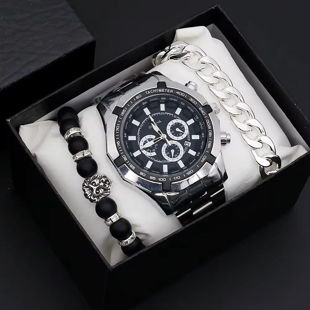 Fashion Wrist Watch for Men With Calendar Big Dial Fashion Men Quartz Watches and Bracelet Set_2