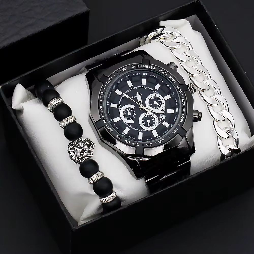 Fashion Wrist Watch for Men With Calendar Big Dial Fashion Men Quartz Watches and Bracelet Set_1