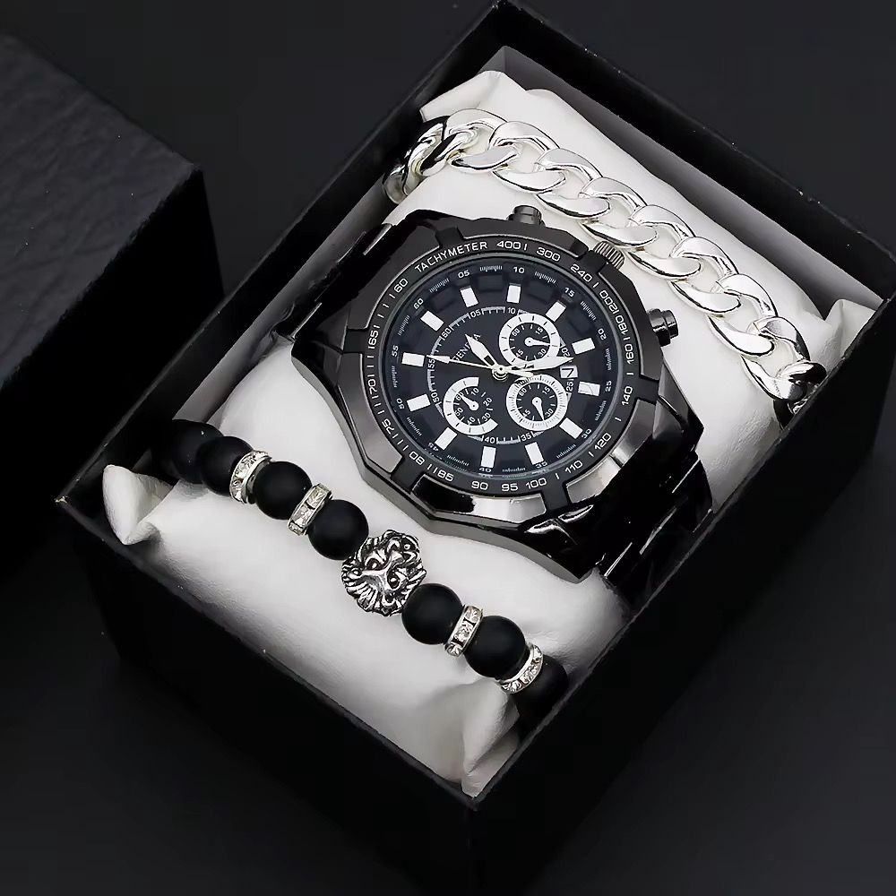 Fashion Wrist Watch for Men With Calendar Big Dial Fashion Men Quartz Watches and Bracelet Set_3