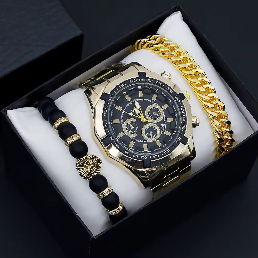 Fashion Wrist Watch for Men With Calendar Big Dial Fashion Men Quartz Watches and Bracelet Set_0