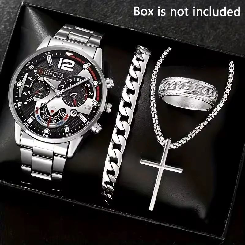 Luxury Men's Business Quartz Watch Scale Three Eye Decorative Cross Necklace Bracelet Ring Set -41mm Dial Calendar Men's Watch_1