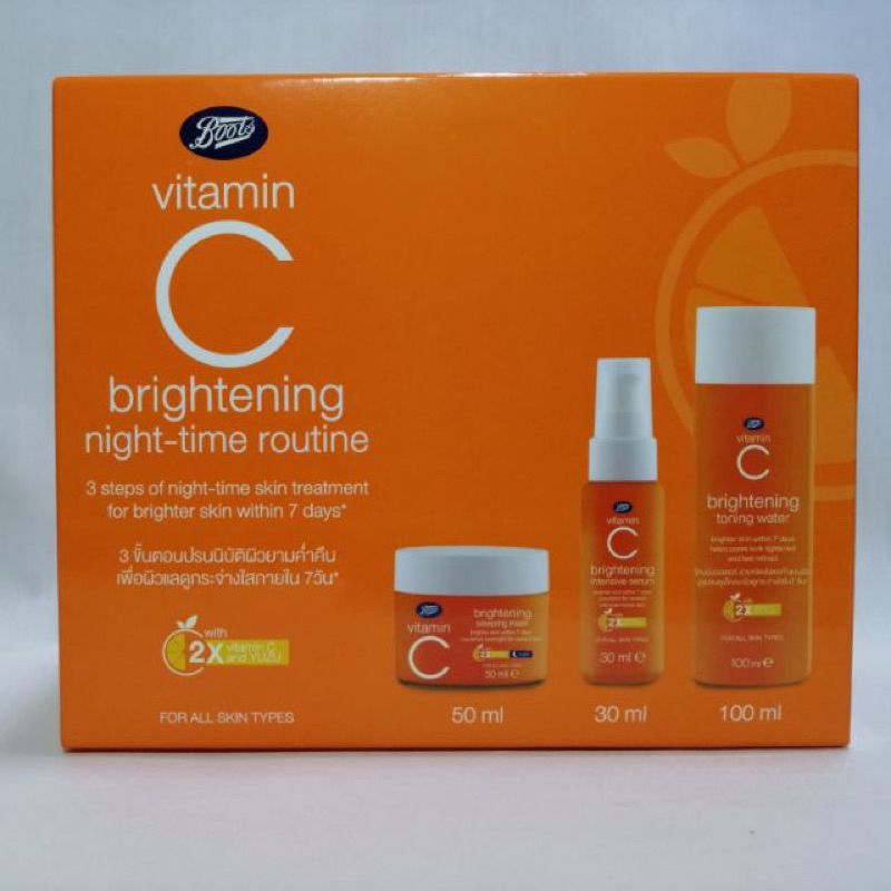 Boots Vitamin C Brightening Night Time Routine Set 1 x 50ml sleeping Mask 1 x toning water 100ml 1 x intensive serum 30ml"_0