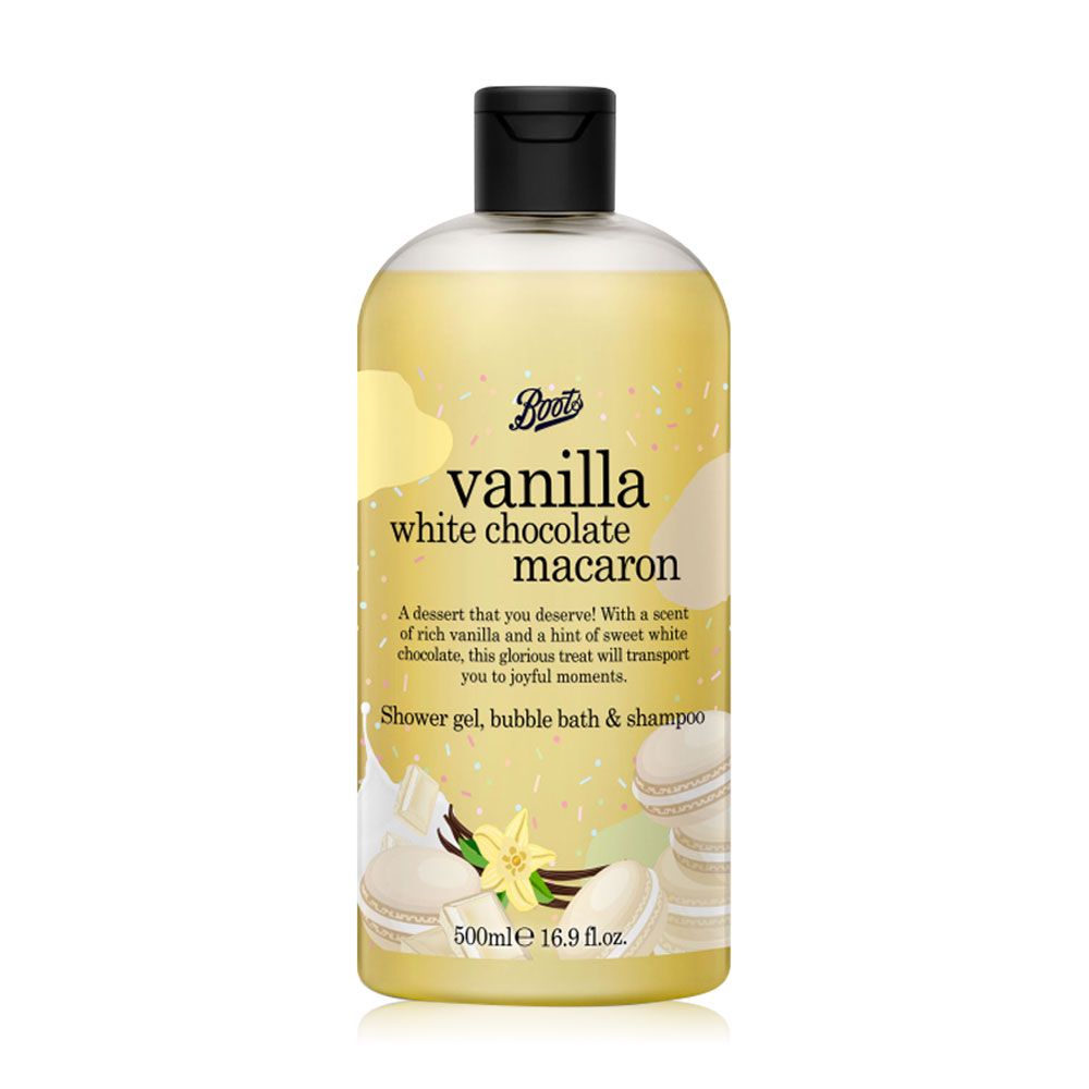 Boots Shower Gel Bubble Bath & Shampoo 500ml - Vanilla White Chocolate Macaron_0