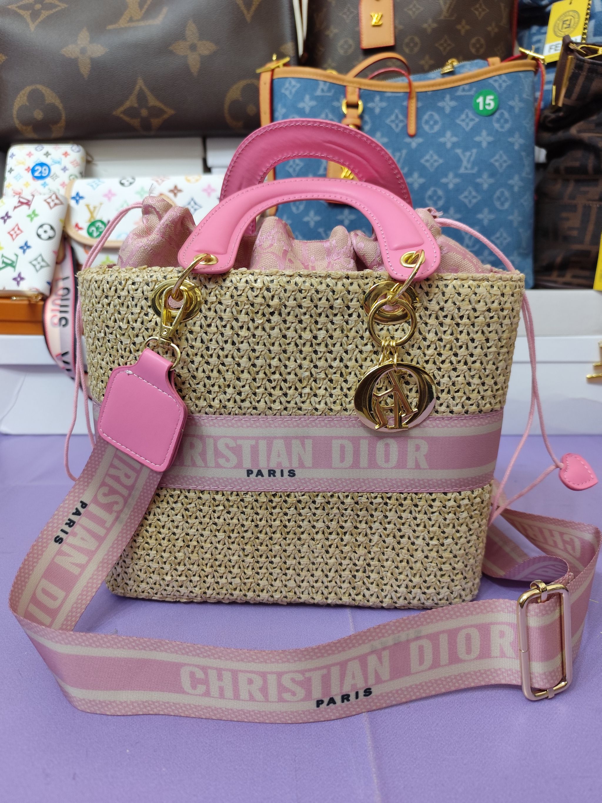 Bolsos CD, mimbre mediano, rosa_0