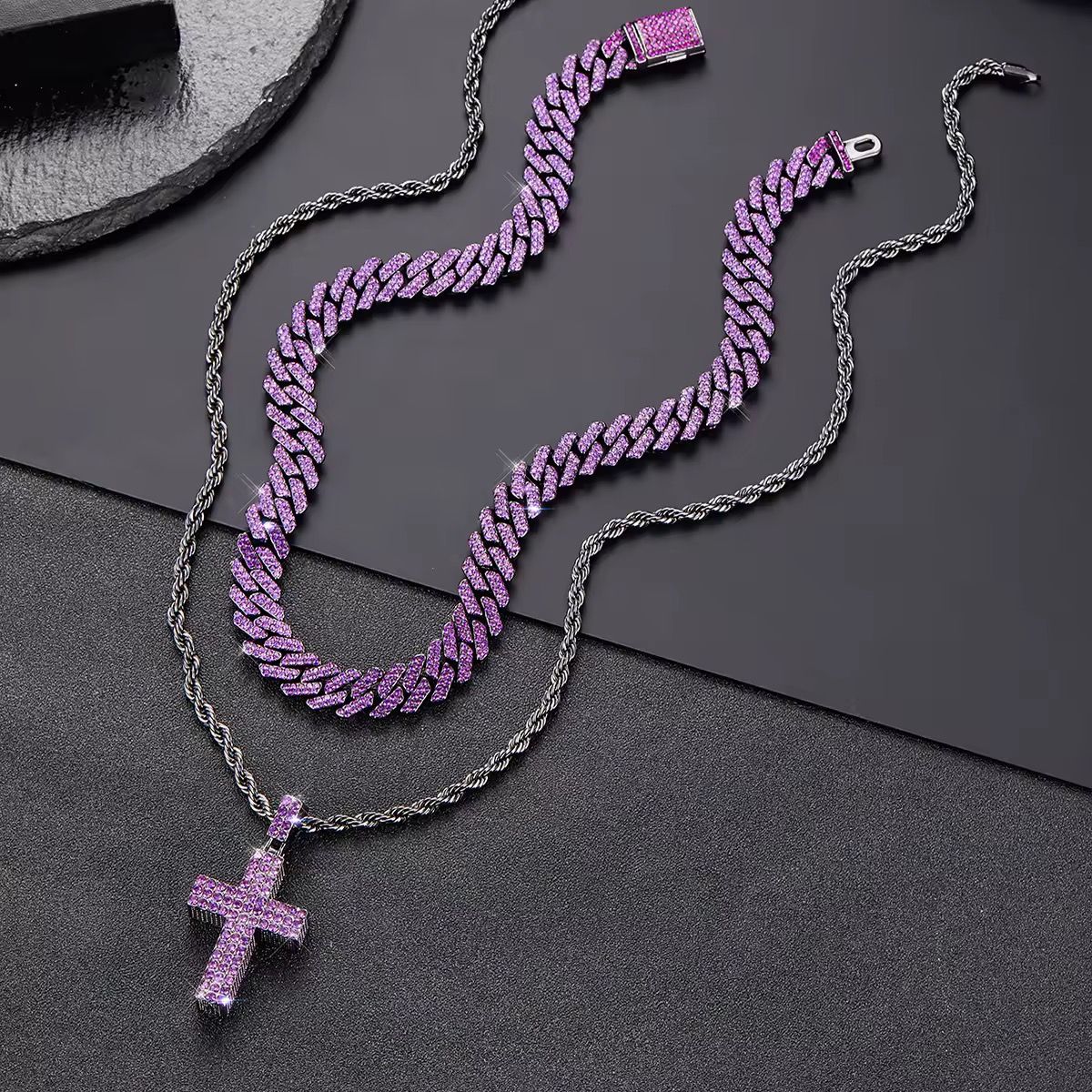 1PC Punk Iced Purple Cross Pendant Necklace Hiphop Purple Cuban Link Chain with Black Stainless Steel Chain Father's Day Gift 2 sold • Store_2