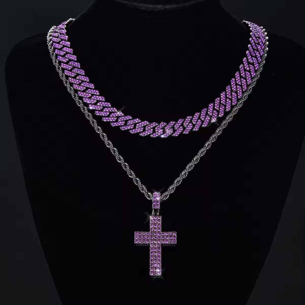 1PC Punk Iced Purple Cross Pendant Necklace Hiphop Purple Cuban Link Chain with Black Stainless Steel Chain Father's Day Gift 2 sold • Store_0