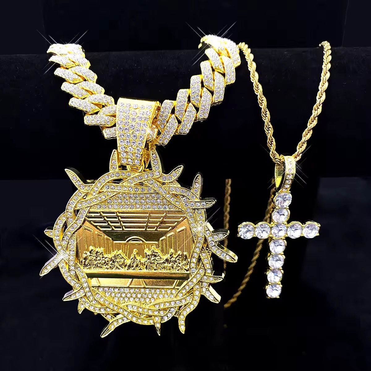 Hip Hop Last Supper Pendant Necklace Iced Out Cross Religious Pendant Cuban Chain Rapper Jewelry for Men and Women Gifts_3