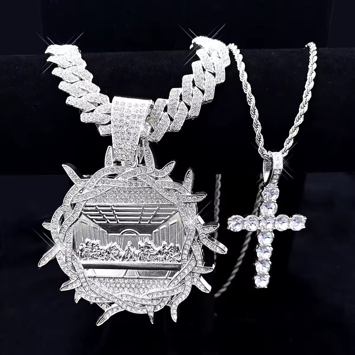 Hip Hop Last Supper Pendant Necklace Iced Out Cross Religious Pendant Cuban Chain Rapper Jewelry for Men and Women Gifts_0