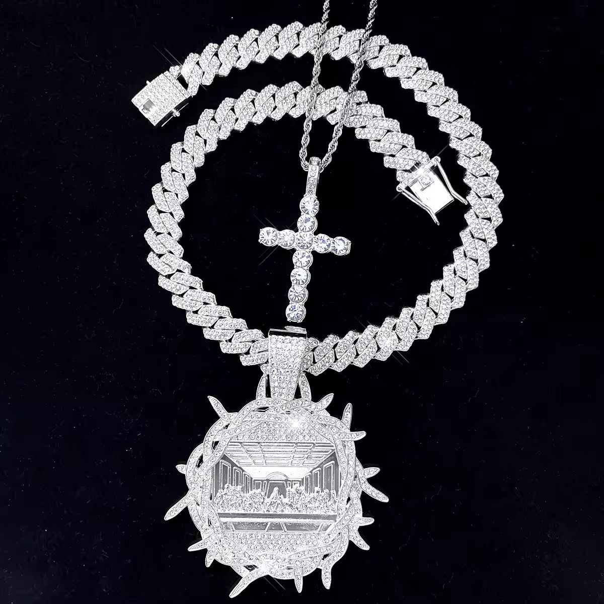 Hip Hop Last Supper Pendant Necklace Iced Out Cross Religious Pendant Cuban Chain Rapper Jewelry for Men and Women Gifts_1