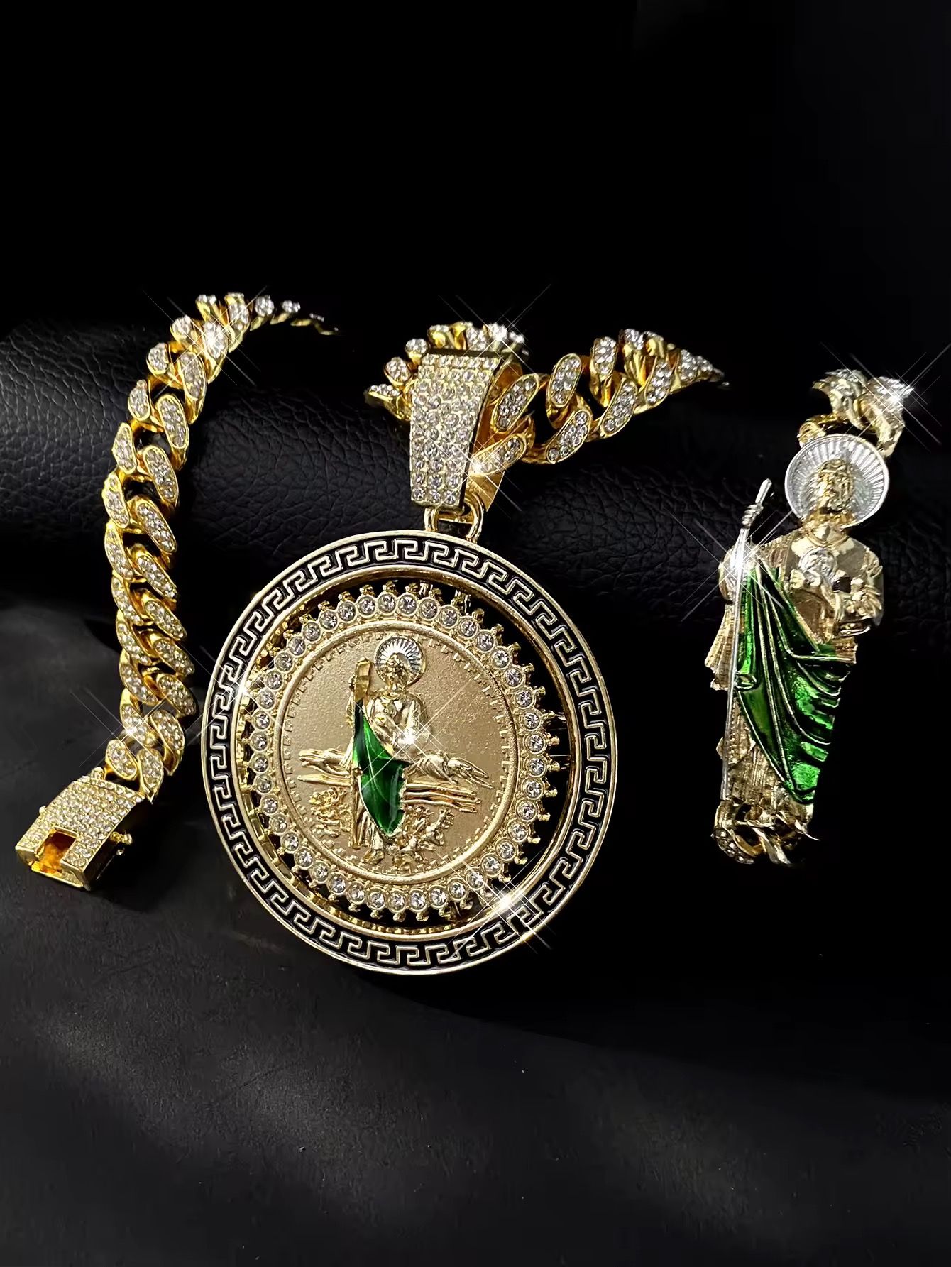 Hip Hop Cuban Link Chain Necklace with Saint Jude Pendant and Bracelet Fashion Rotatable Jewelry Set Party and Daily Decor_3