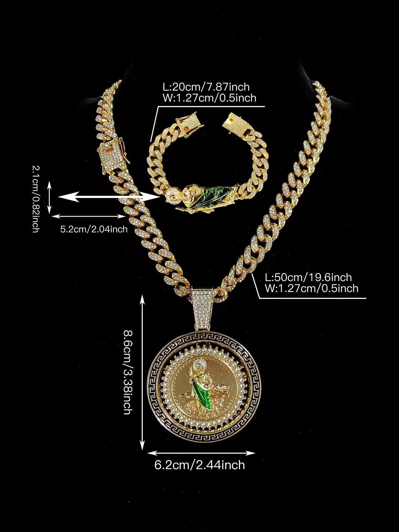 Hip Hop Cuban Link Chain Necklace with Saint Jude Pendant and Bracelet Fashion Rotatable Jewelry Set Party and Daily Decor_4