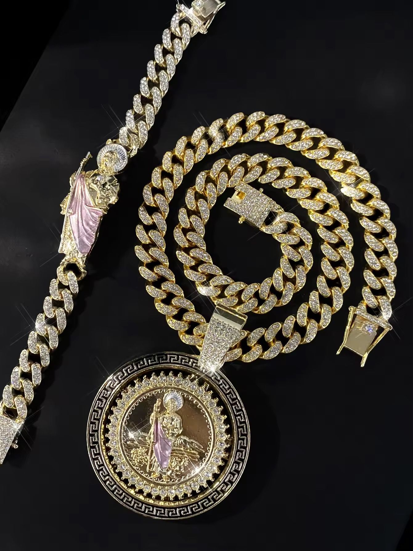 Hip Hop Cuban Link Chain Necklace with Saint Jude Pendant and Bracelet Fashion Rotatable Jewelry Set Party and Daily Decor_1