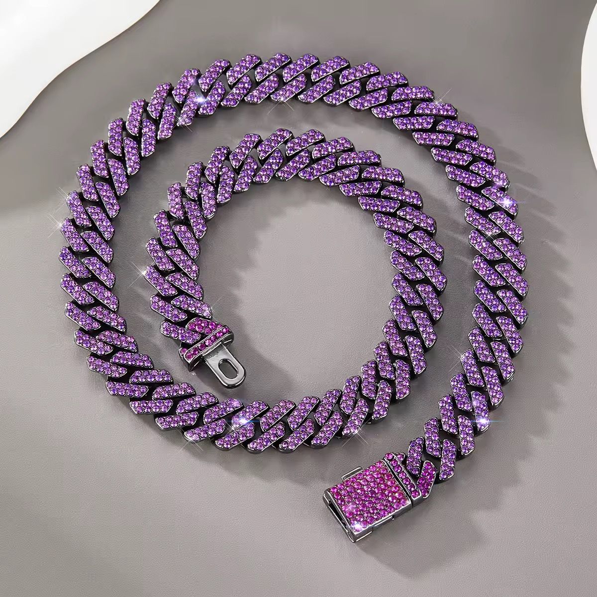 Iced Out 2 Rows Miami Cuban Chain Necklace Gorgeous Faux Diamond Cuban Link Chain Purple Hip Hop Jewelry Set for Men and Women_1