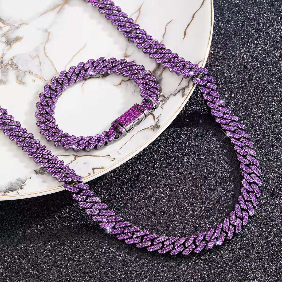 Iced Out 2 Rows Miami Cuban Chain Necklace Gorgeous Faux Diamond Cuban Link Chain Purple Hip Hop Jewelry Set for Men and Women_0