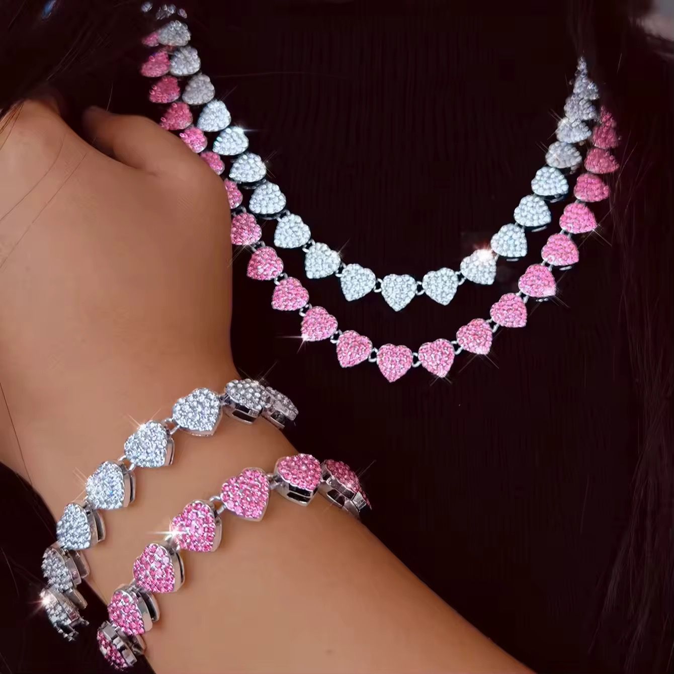 2Pcs Set Shiny Clustered Heart Iced Out Miami Necklace and Bracelet Pink/Silvery Bracelet Valentine's Day Gift for Men Women_0