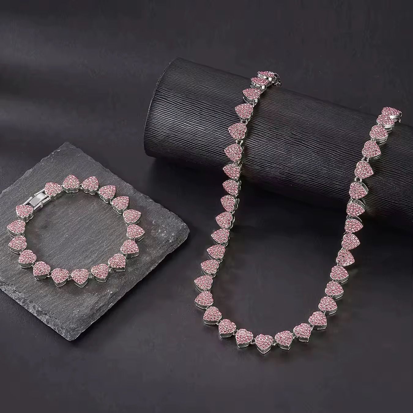 2Pcs Set Shiny Clustered Heart Iced Out Miami Necklace and Bracelet Pink/Silvery Bracelet Valentine's Day Gift for Men Women_2