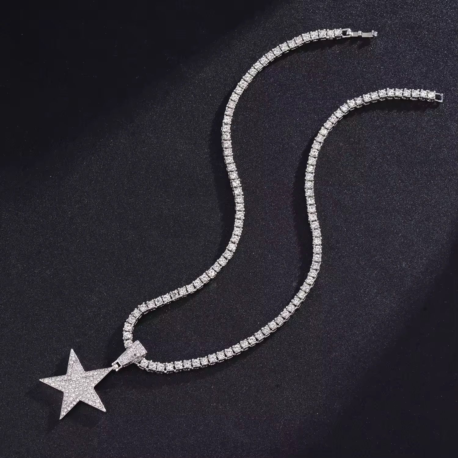 Iced Out Hip Hop Star Pendant Necklace for Men Women Bling 4MM Tennis Chain Fashion Jewelry Rapper Necklace Gift_3