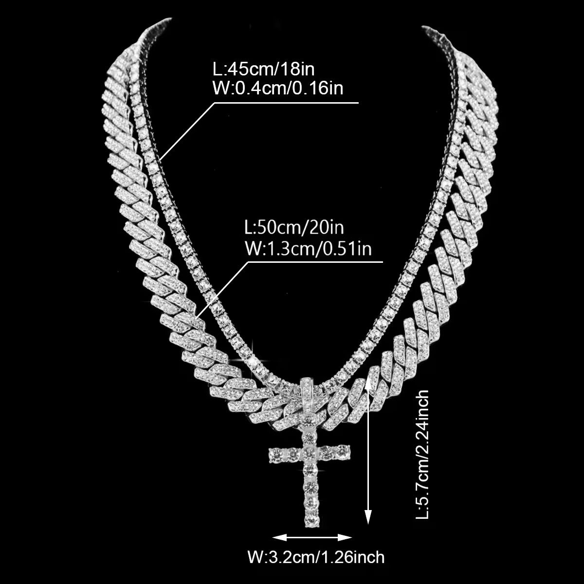2Pcs Punk Crystal Cross Ankh Tennis Chain Iced Out Prong Cuban Link Chain Necklace for Men Women Rapper Necklaces Hiphop Jewelry_1