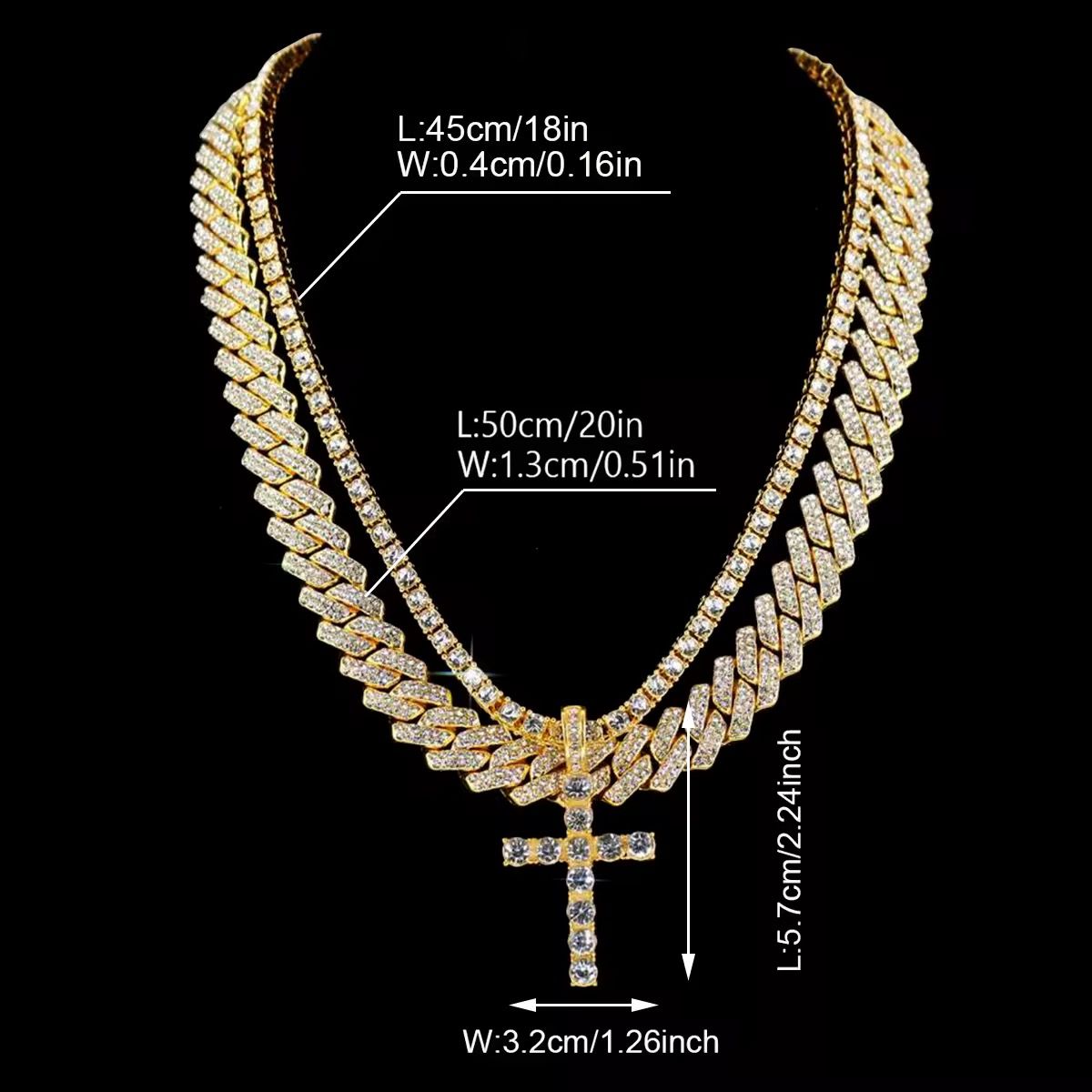 2Pcs Punk Crystal Cross Ankh Tennis Chain Iced Out Prong Cuban Link Chain Necklace for Men Women Rapper Necklaces Hiphop Jewelry_0